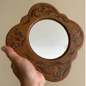 Vintage Wall Mirror pottery clay butterflies Heavy Stoneware Clay brown 9” hang